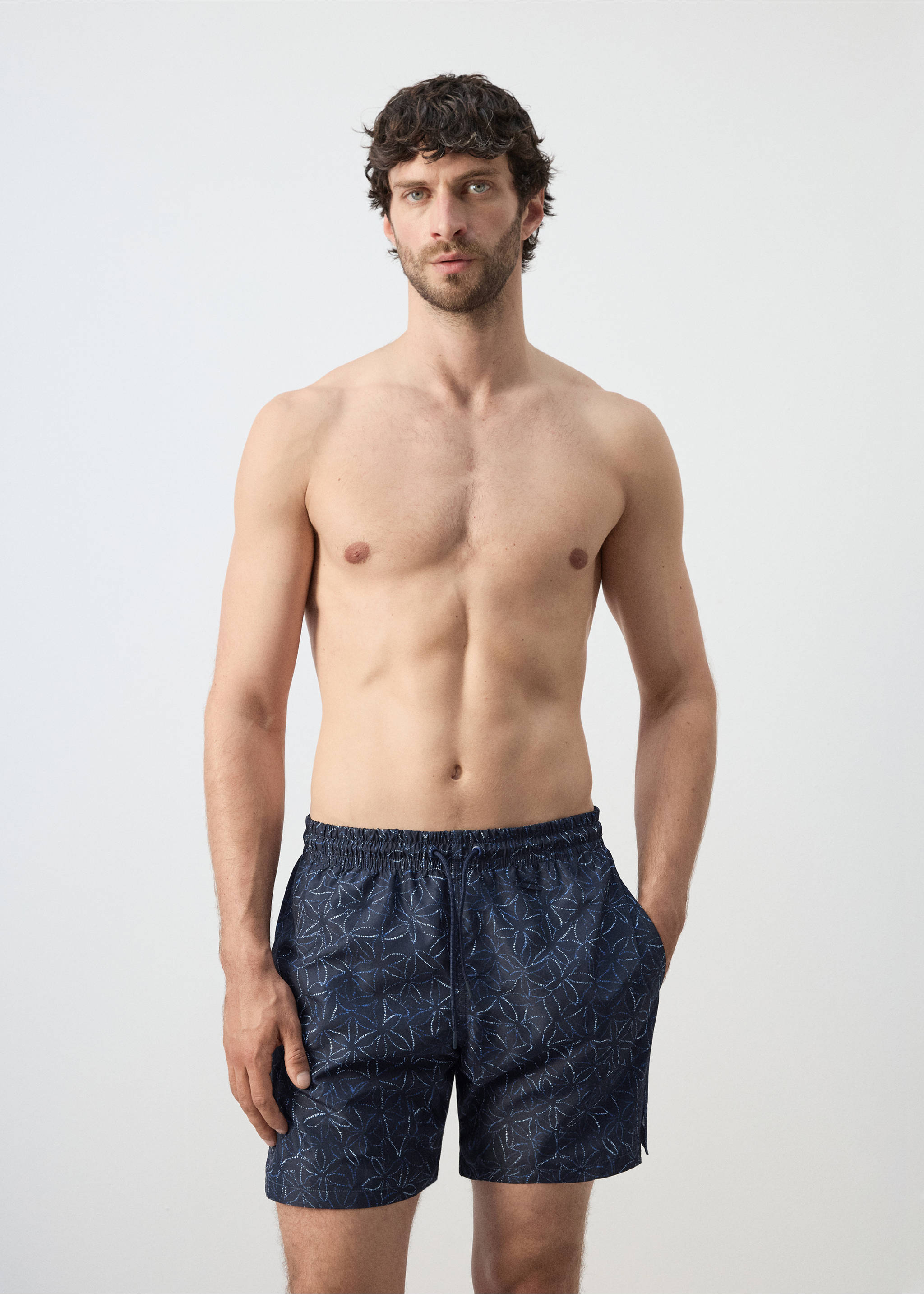 Плавательные шорты со шнурком и принтом - Средний план, Глубокий темно-синий. Ref: 27026003-00.