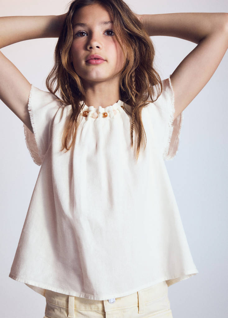 Linen blouse with beadwork — White