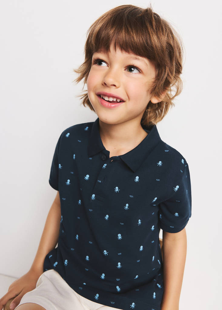 Printed cotton polo shirt — Navy