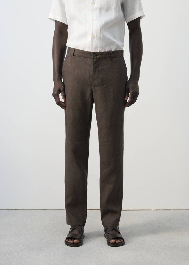 Slim-fit 100% linen trousers — Chocolate