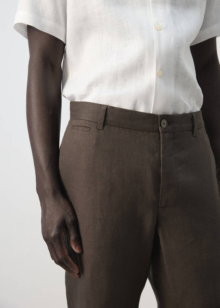Slim-fit 100% linen trousers — Chocolate