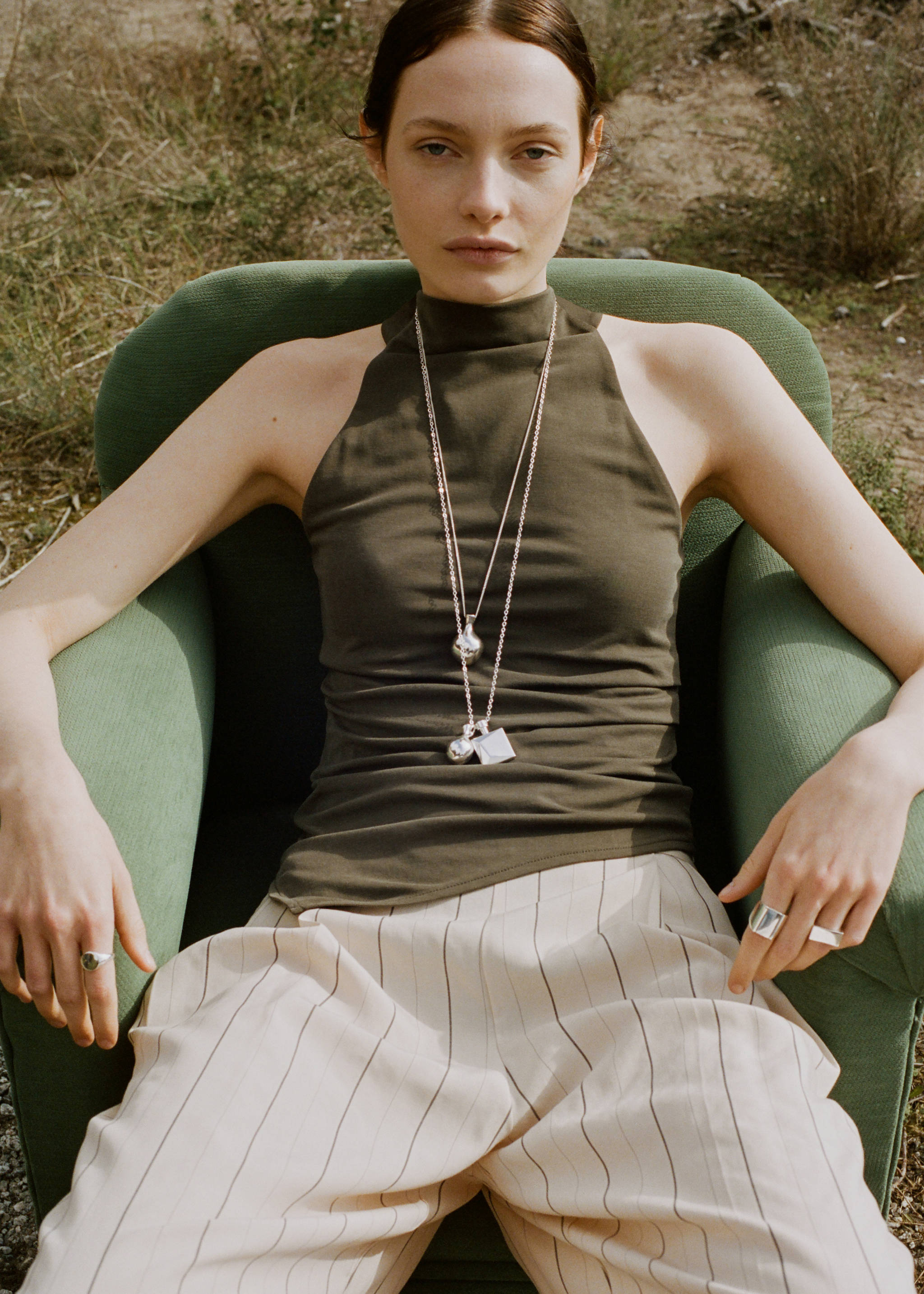 Asymmetric ruched top - Details of the article 1, Khaki. Ref: 27027143-00.