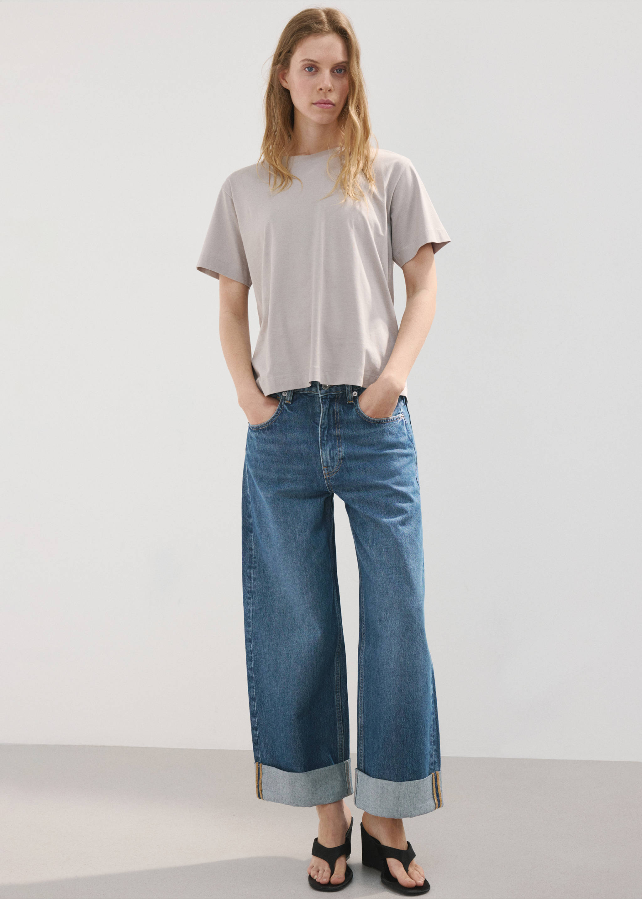 Wide leg jeans with turn-up hem - General plane, Medium Blue. Ref: 27027145-00.