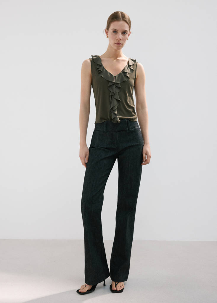 Ruffled V-neck top — Khaki