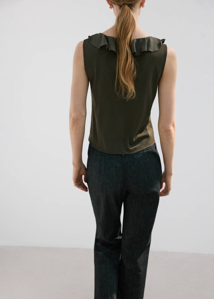 Ruffled V-neck top — Khaki