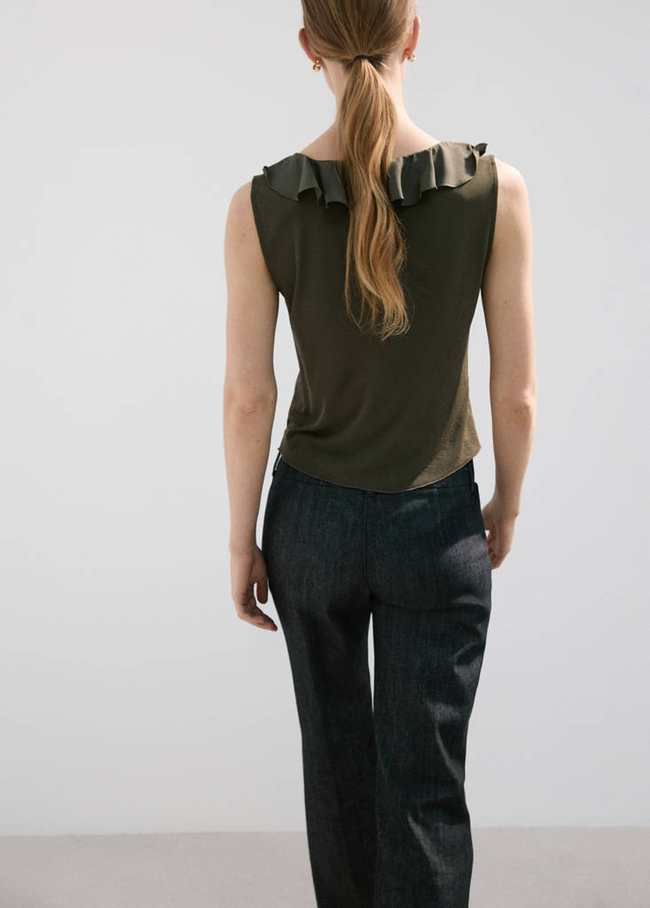 Ruffled V-neck top — Khaki