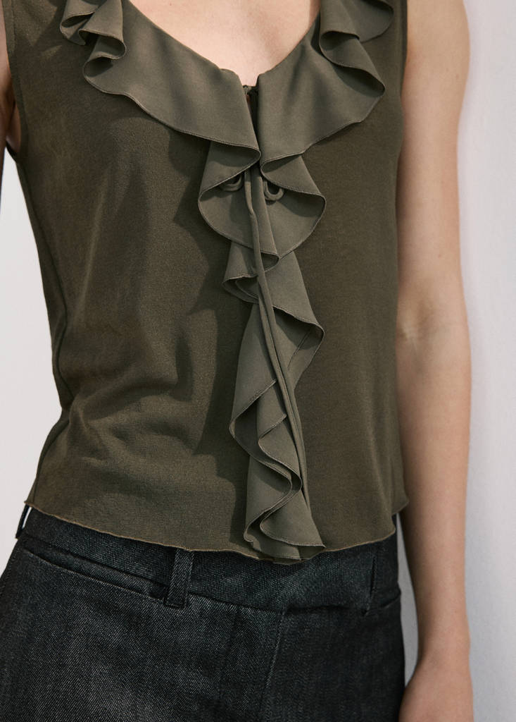 Ruffled V-neck top — Khaki