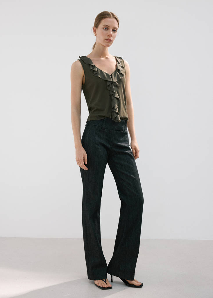 Ruffled V-neck top — Khaki