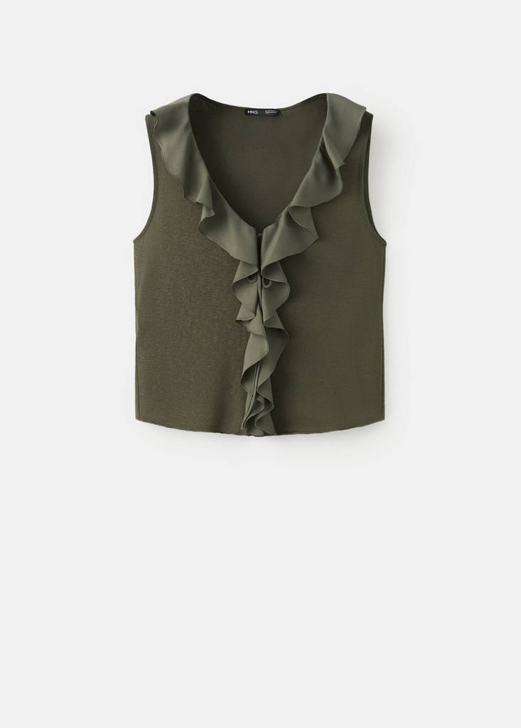 Ruffled V-neck top — Khaki