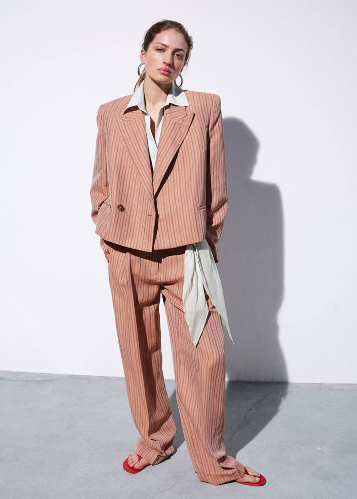 Linen cropped striped blazer — Pink