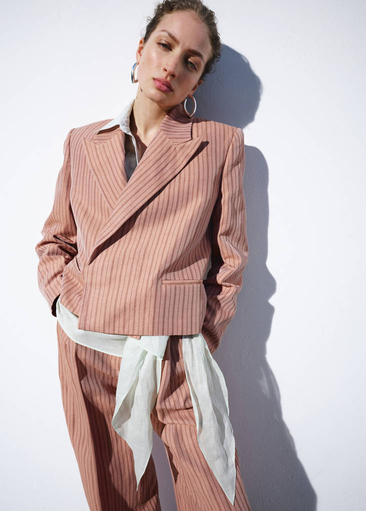 Linen cropped striped blazer — Pink