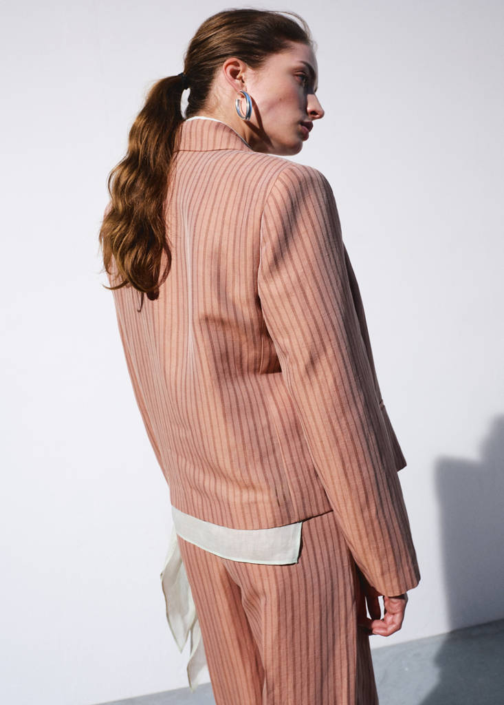Linen cropped striped blazer — Pink
