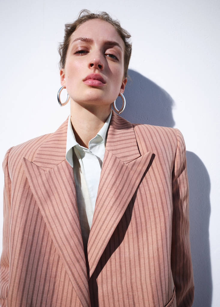 Linen cropped striped blazer — Pink