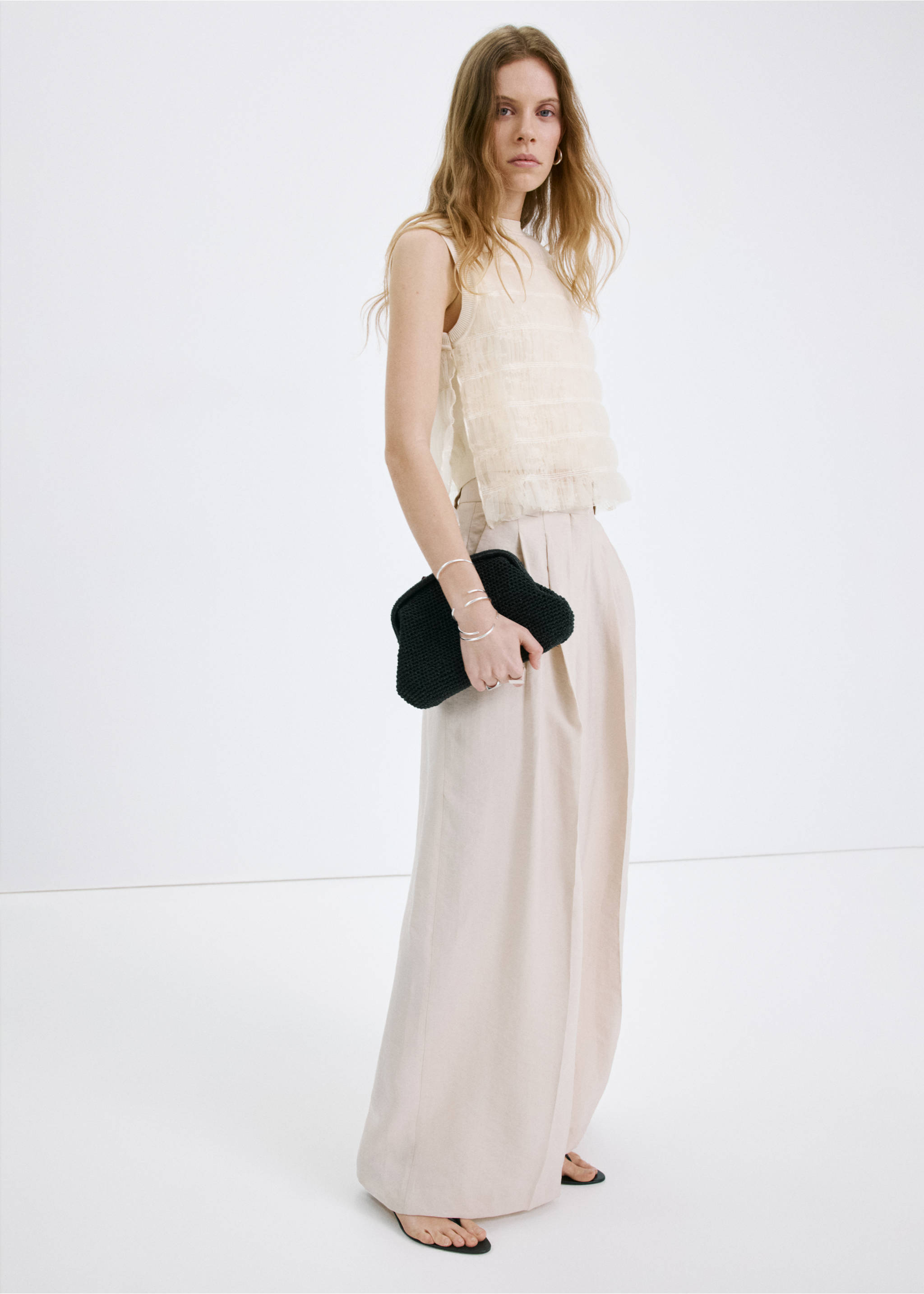 Ruched mixed fabric top - General plane, Ecru. Ref: 27027169-00.