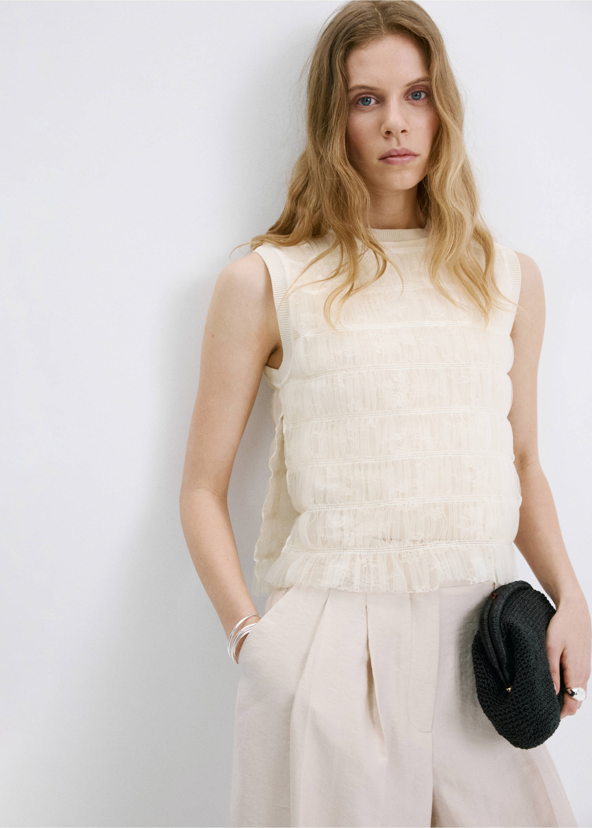 Ruched mixed fabric top - Medium plane, Ecru. Ref: 27027169-00.