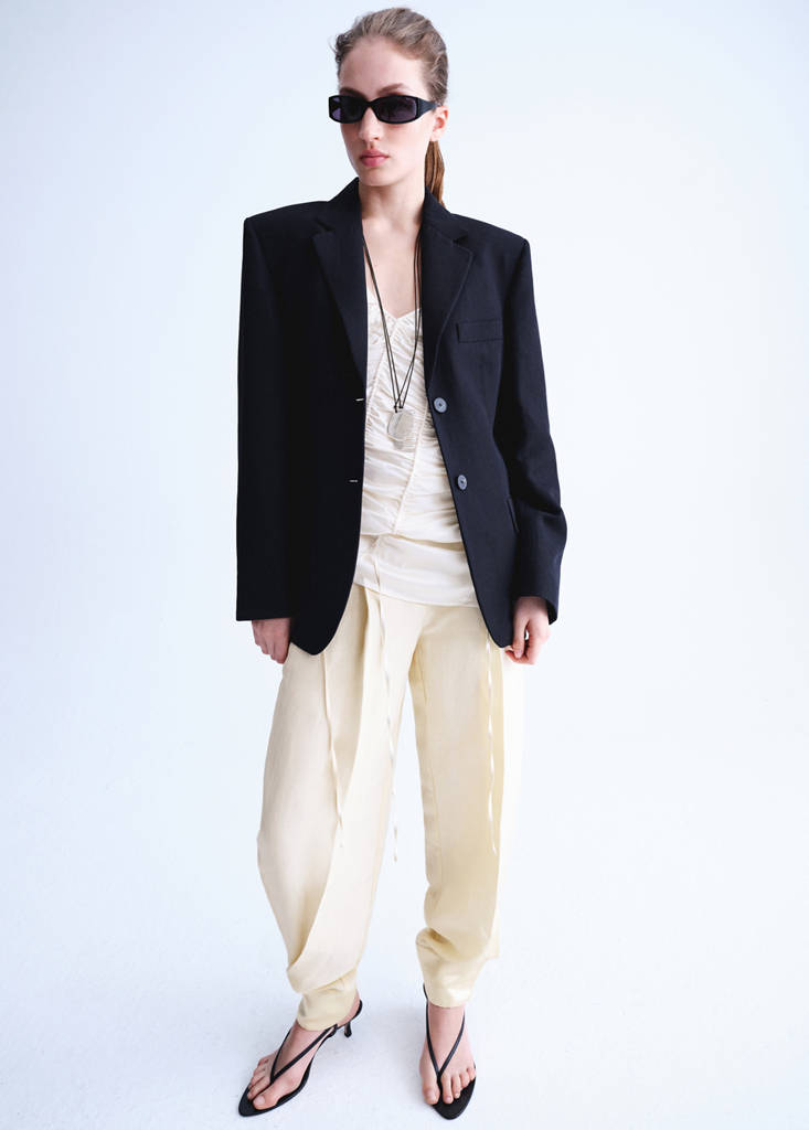 Satin-finish harem pants with poppers — Ecru