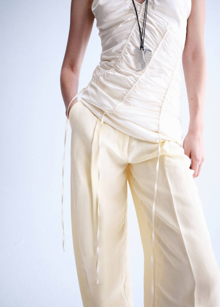 Satin-finish harem pants with poppers — Ecru