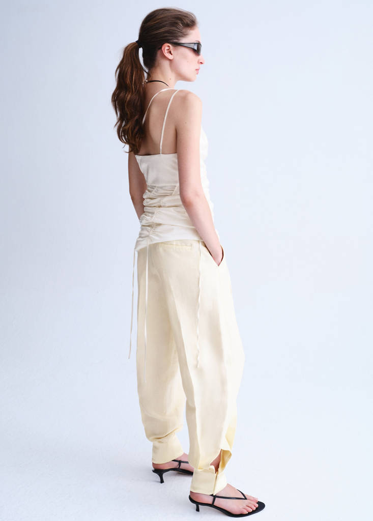 Satin-finish harem pants with poppers — Ecru