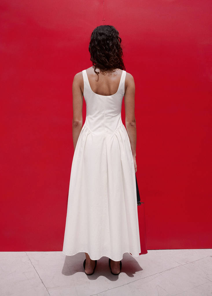 Midi A-line dress with ruching — Ecru