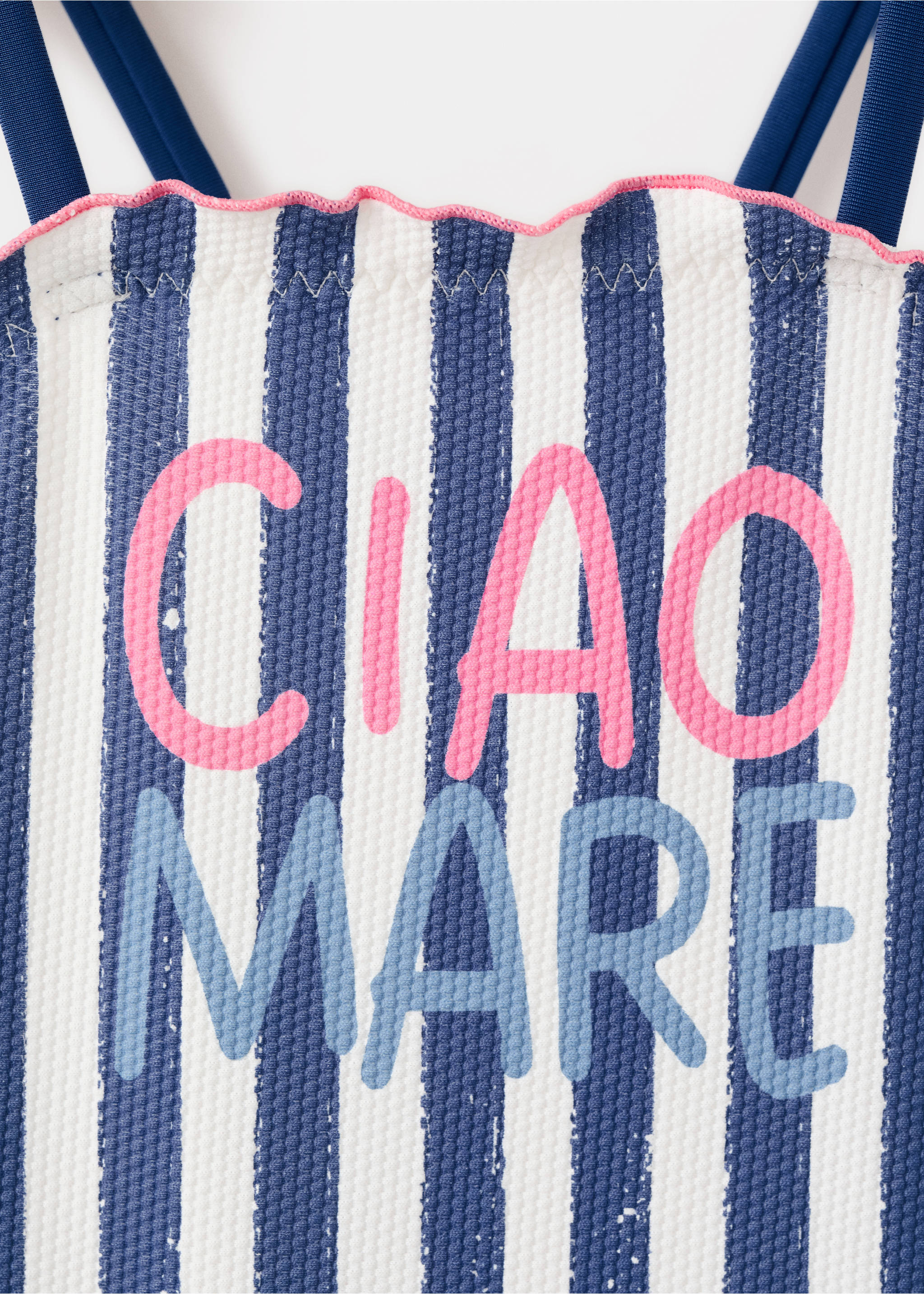 Striped swimsuit with text print - Details of the article 8, Navy. Ref: 27027896-00.