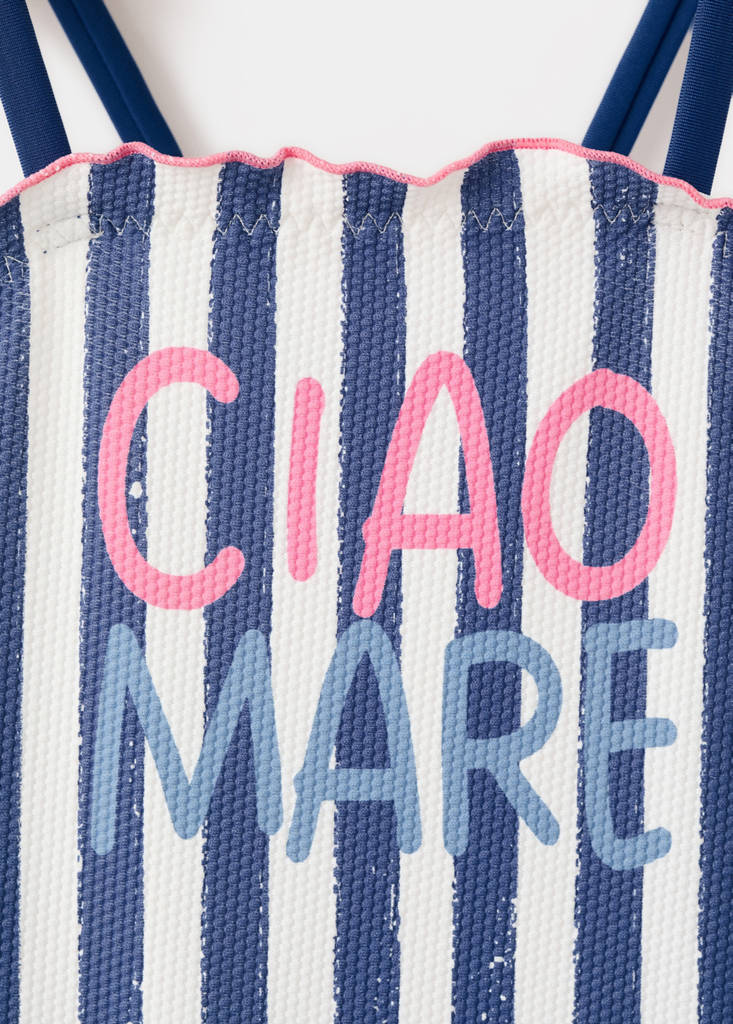 Striped swimsuit with text print — Navy