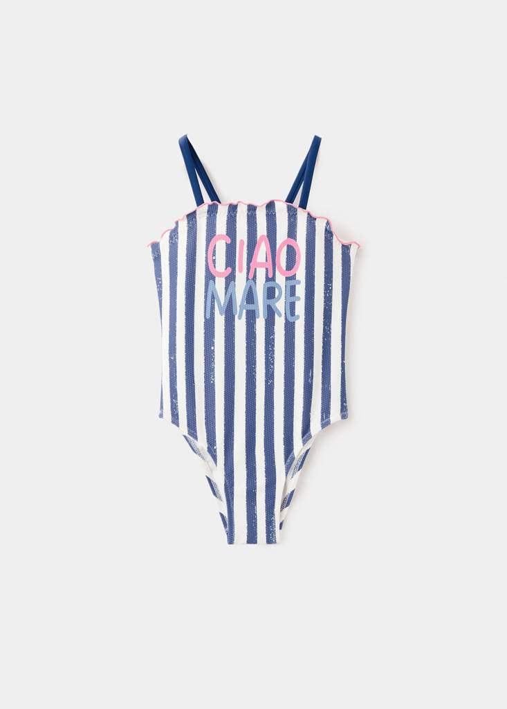 Striped swimsuit with text print — Navy