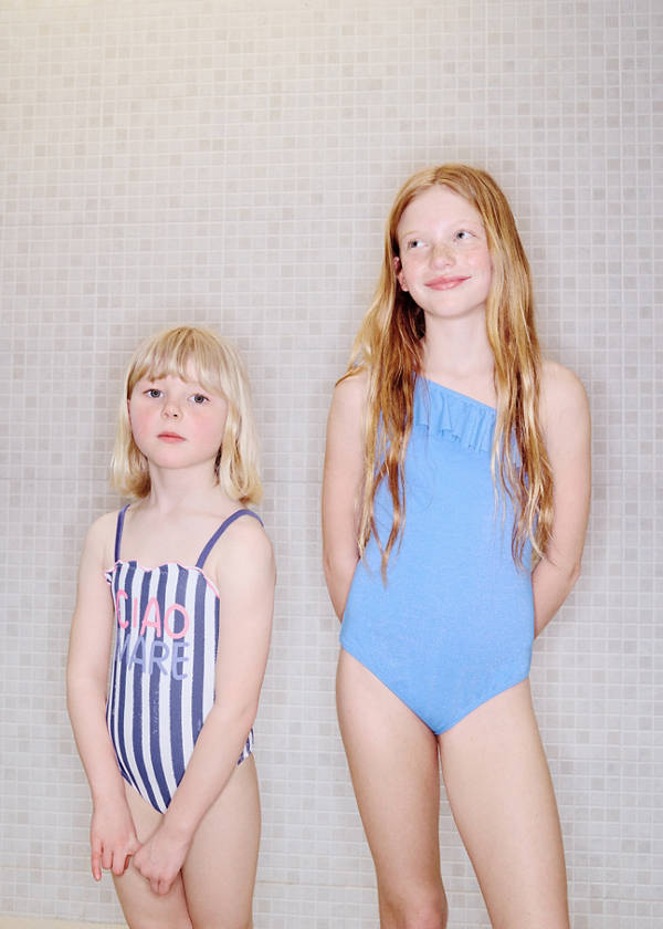 Striped swimsuit with text print — Navy