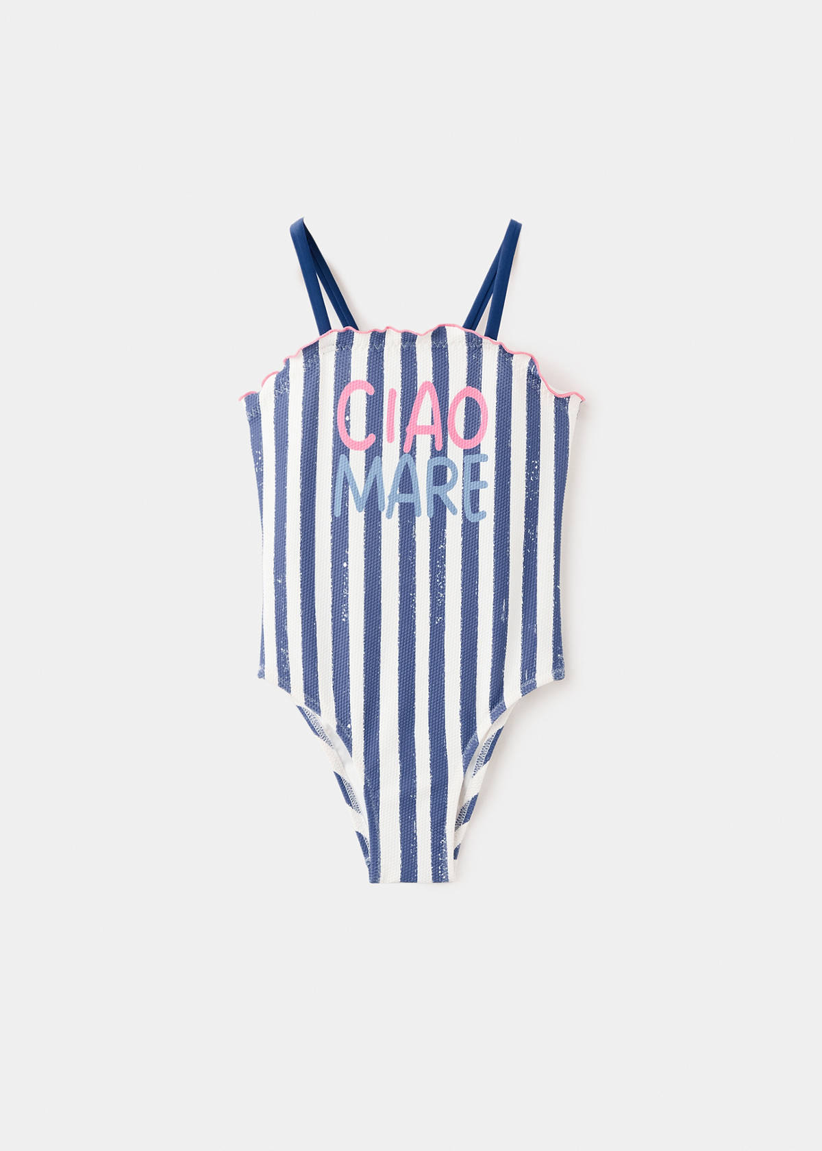 Striped swimsuit with text print — Navy