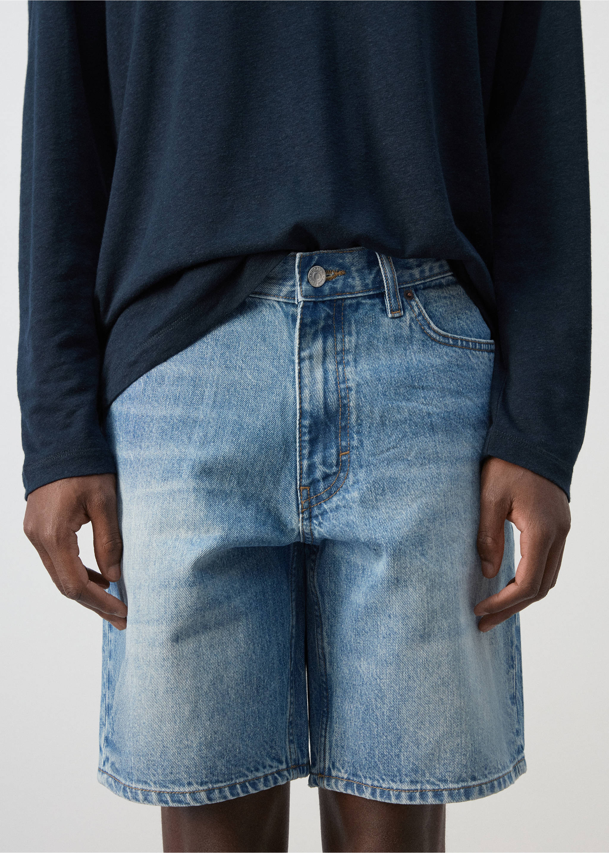 Straight-fit denim bermuda shorts - Details of the article 1, Medium Blue. Ref: 27027900-00.