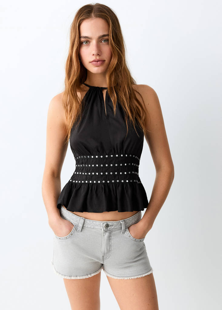 Halter top with ruffled detail — Black