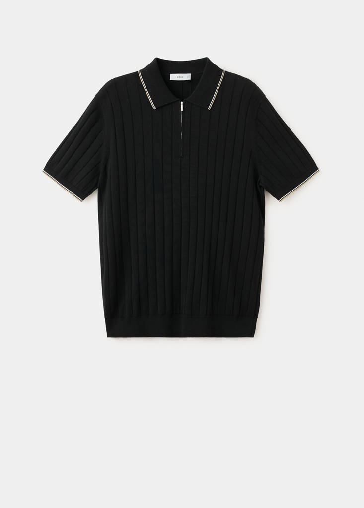 Fine-knit polo shirt with zip — Black