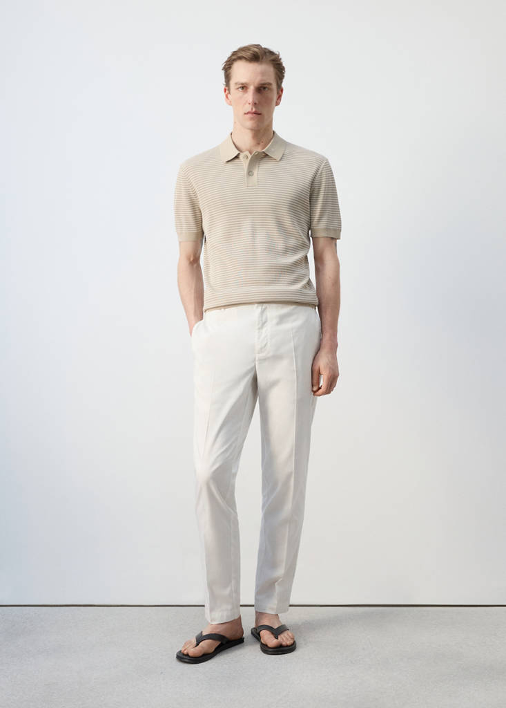 Striped knit cotton polo shirt — Beige