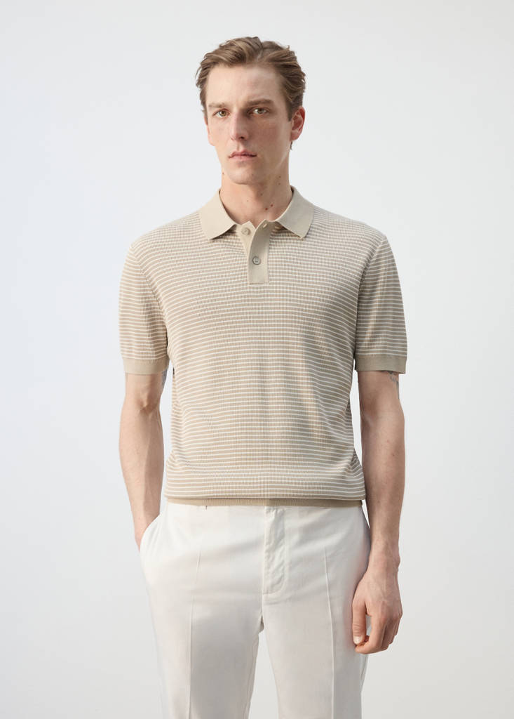 Striped knit cotton polo shirt — Beige