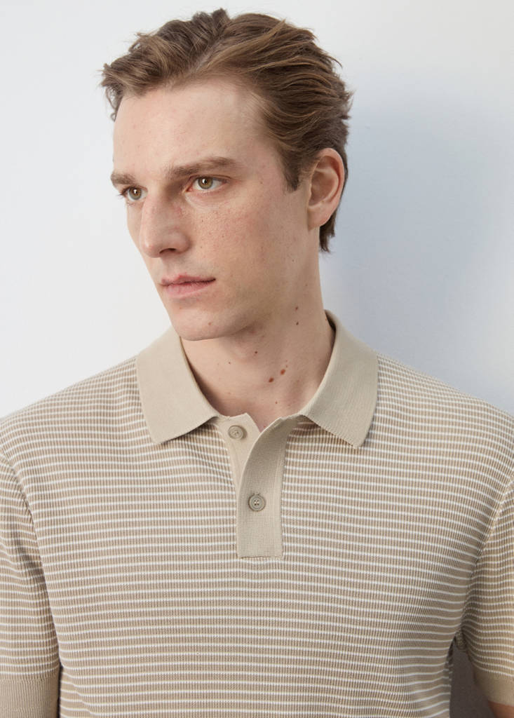 Striped knit cotton polo shirt — Beige