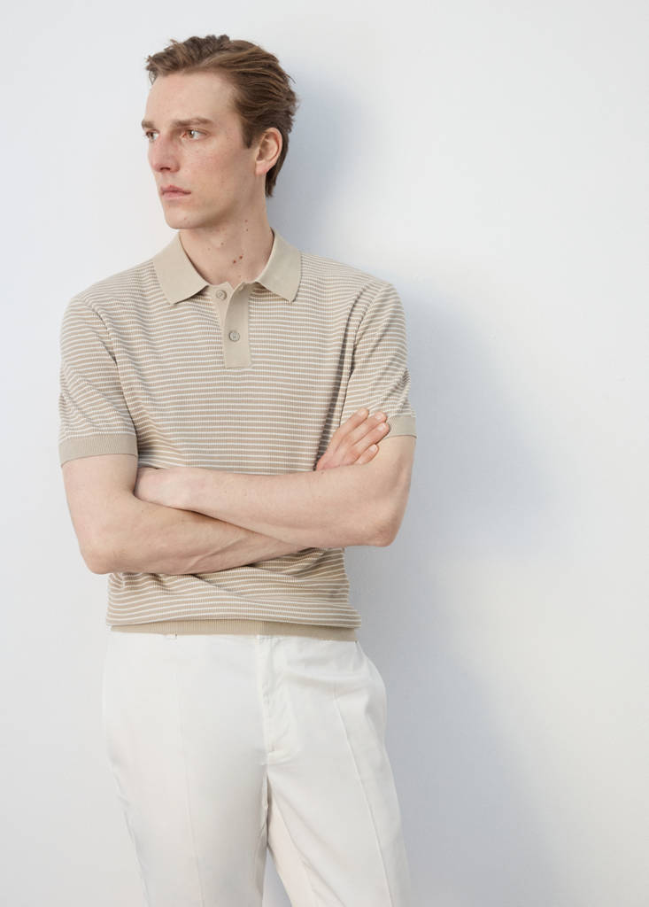 Striped knit cotton polo shirt — Beige