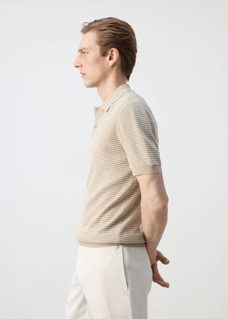 Striped knit cotton polo shirt — Beige