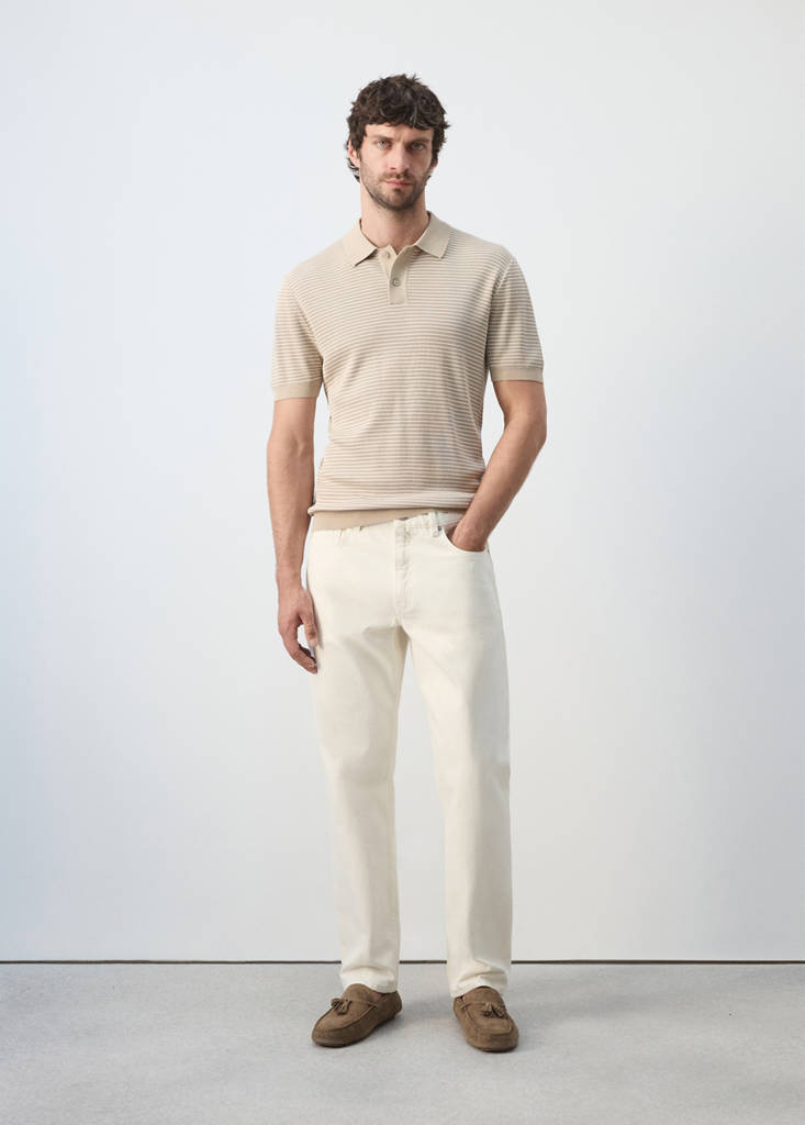 Striped knit cotton polo shirt — Beige