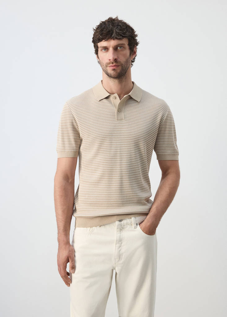 Striped knit cotton polo shirt — Beige