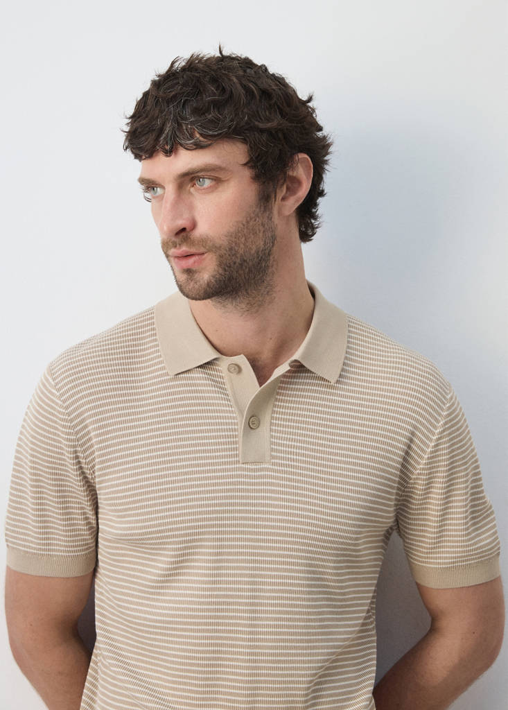 Striped knit cotton polo shirt — Beige