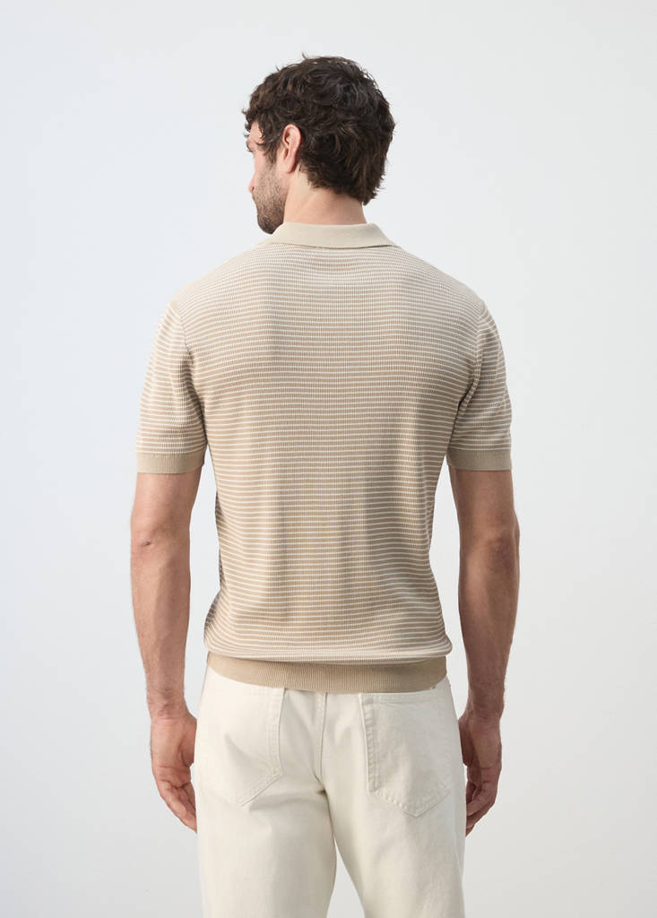 Striped knit cotton polo shirt — Beige