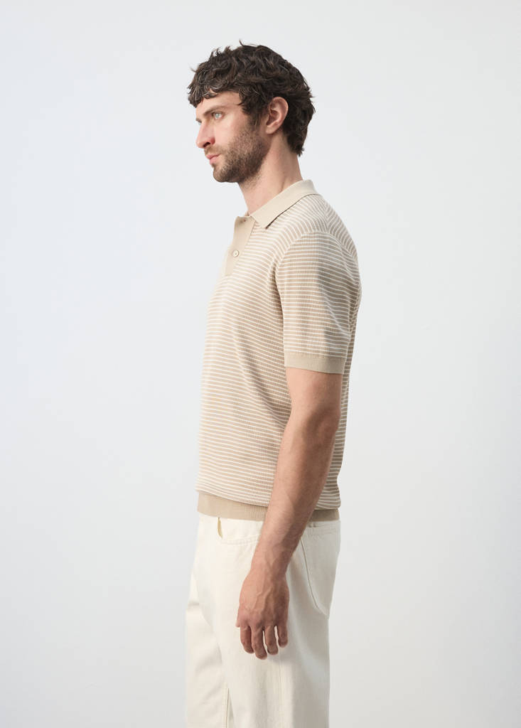Striped knit cotton polo shirt — Beige