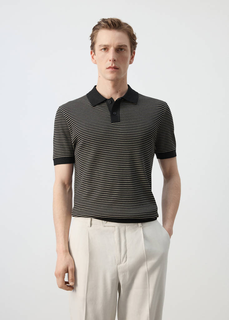 Striped knit cotton polo shirt — Black