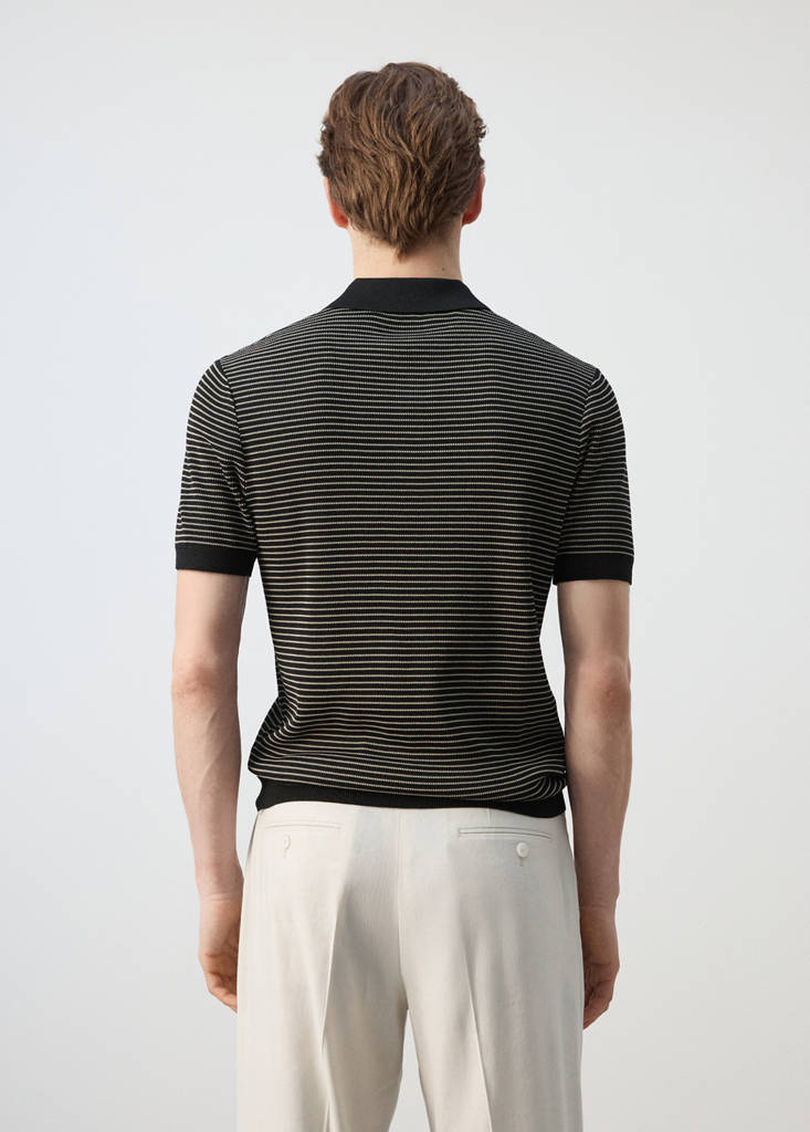 Striped knit cotton polo shirt — Black
