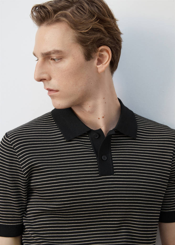Striped knit cotton polo shirt — Black