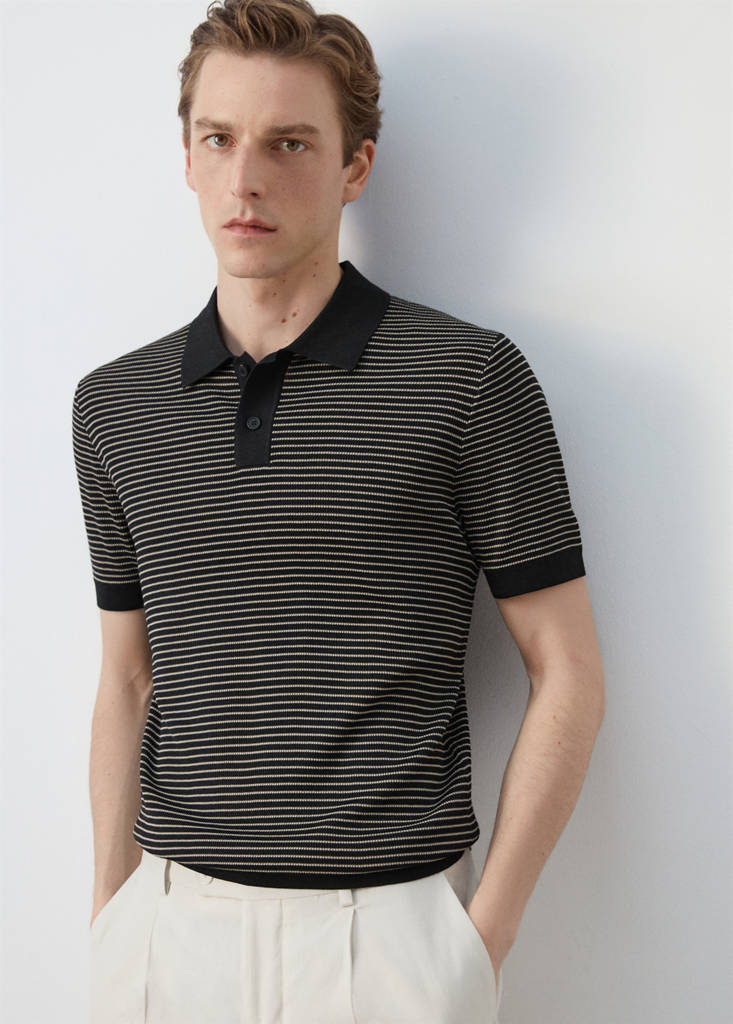 Striped knit cotton polo shirt — Black