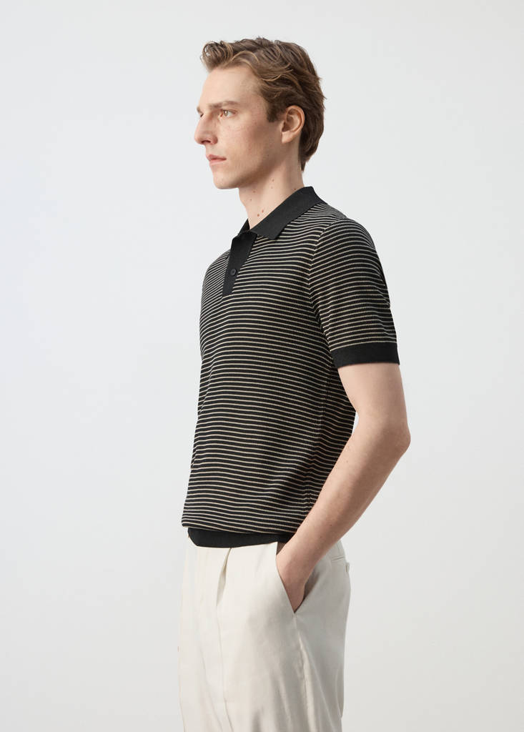 Striped knit cotton polo shirt — Black