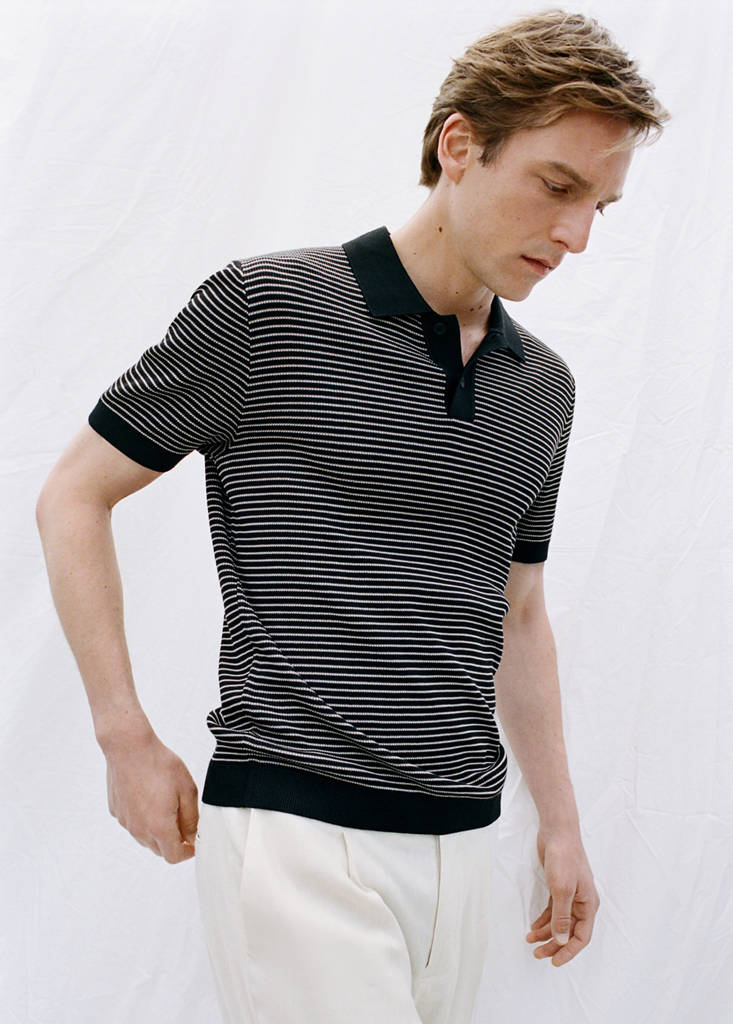 Striped knit cotton polo shirt — Black