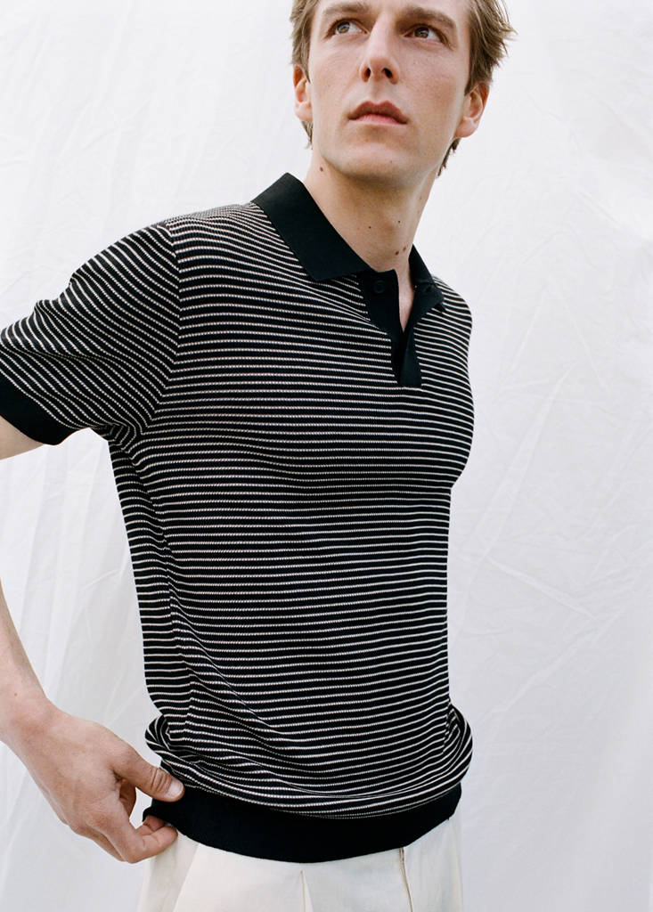 Striped knit cotton polo shirt — Black