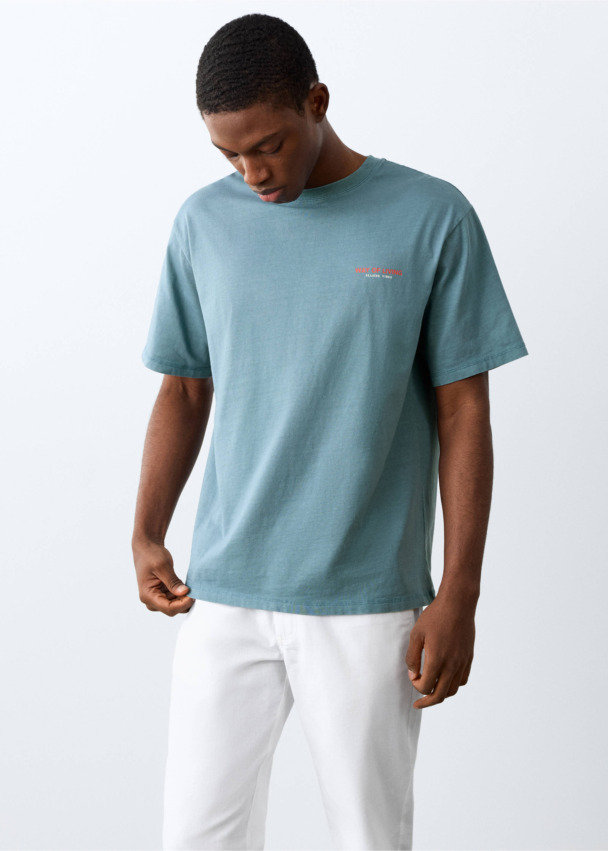 T-shirt imprimé manches courtes - Plan moyen, Bleu. Ref: 27027934-00.