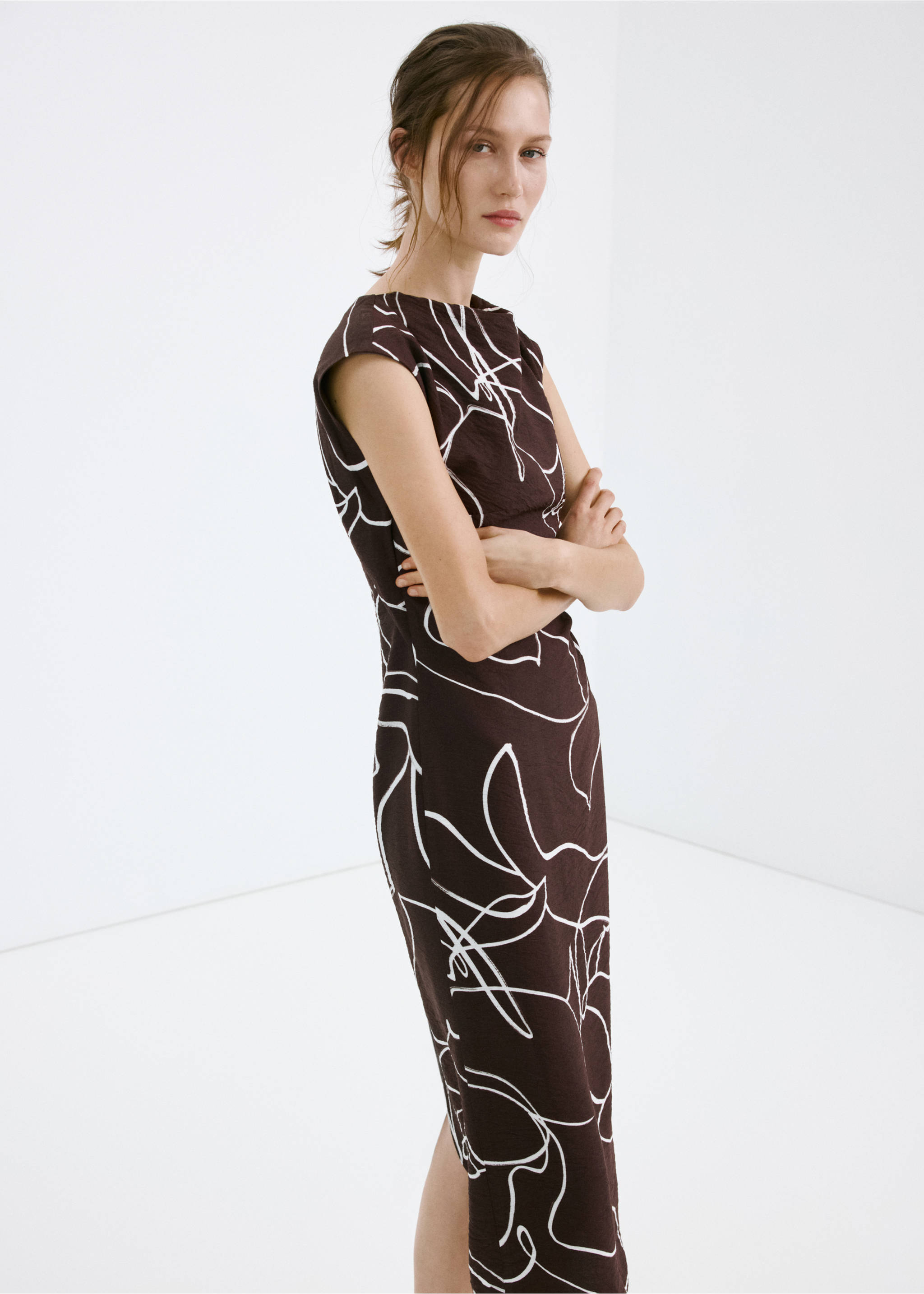 Printed ruched dress - Medium plane, Brown. Ref: 27027943-00.